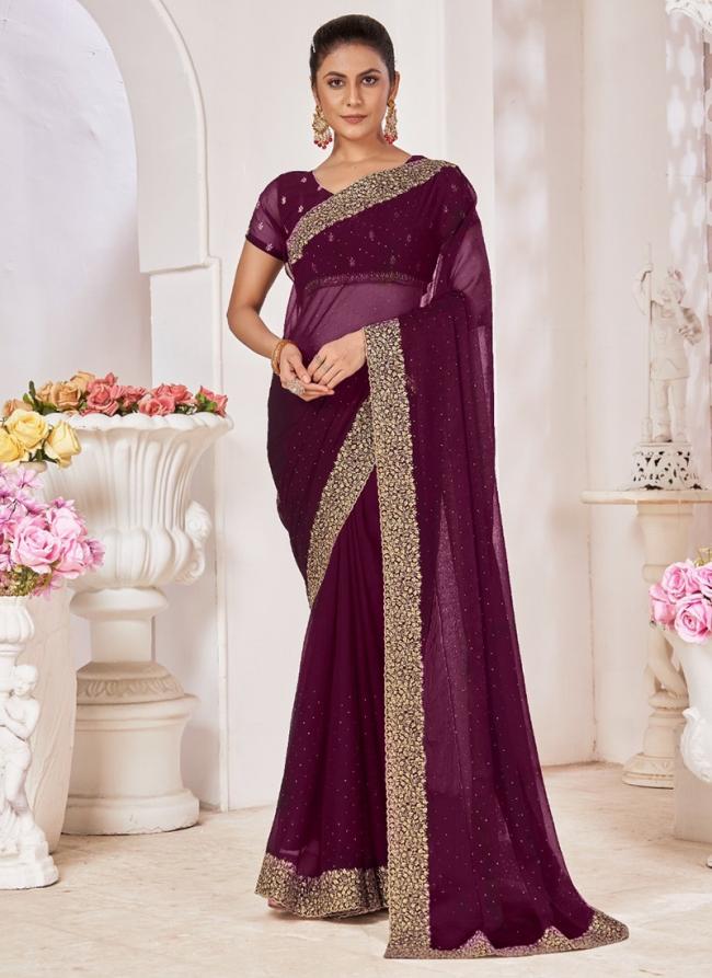 Chiffon Wine Wedding Wear Swarovski Work Saree